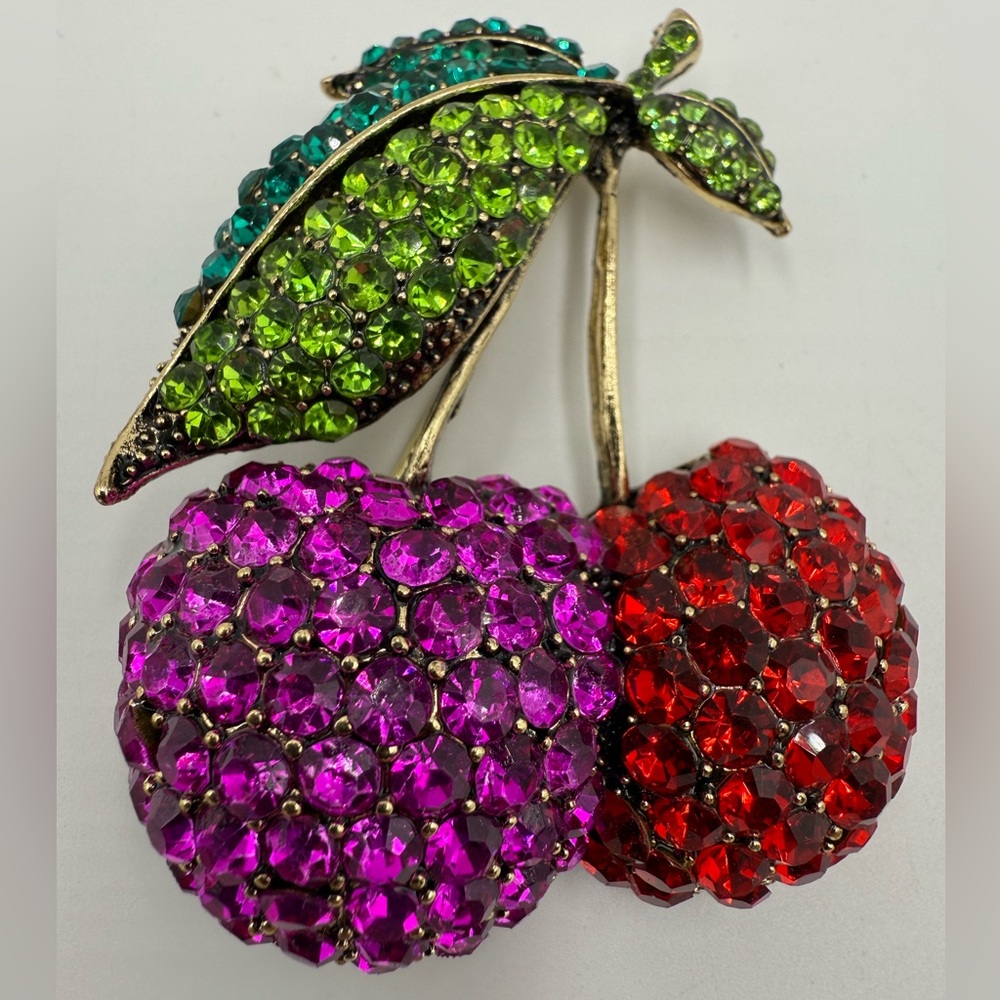 Vibrant Cherry Brooch with Red and Pink Crystals NEW
